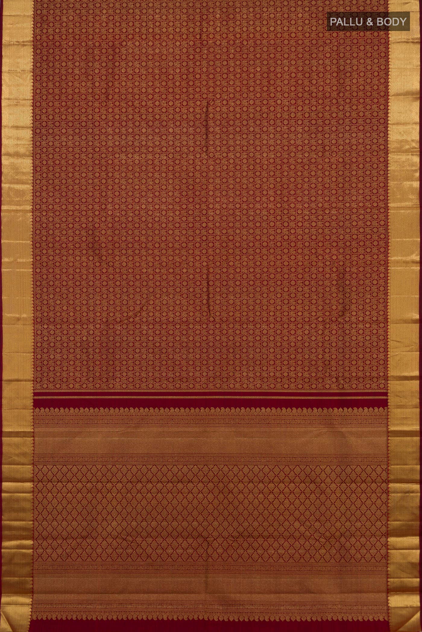 Flat view of Pure Silk Pure Zari Maroon Kanjivaram Saree with Zari Brocade on the body and Zari Border. 