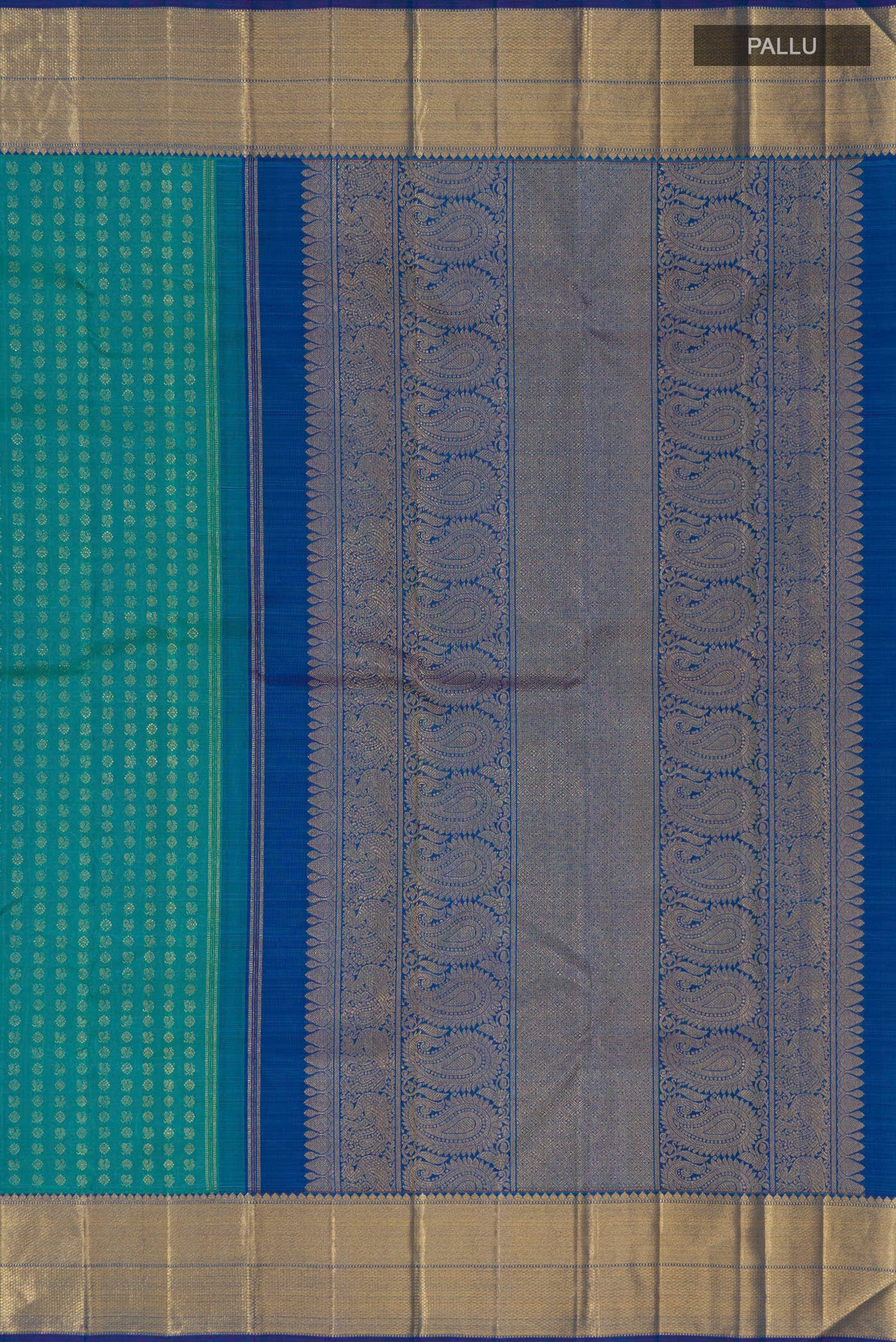 Close up image of the pallu of Pure Silk Pure Zari Green Dual Tone Kanjivaram Saree with Zari Butta on the body and Zari Border. 