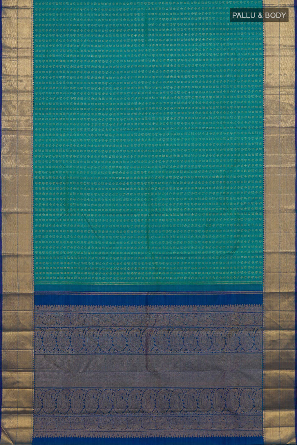 Flat view of Pure Silk Pure Zari Green Dual Tone Kanjivaram Saree with Zari Butta on the body and Zari Border. 