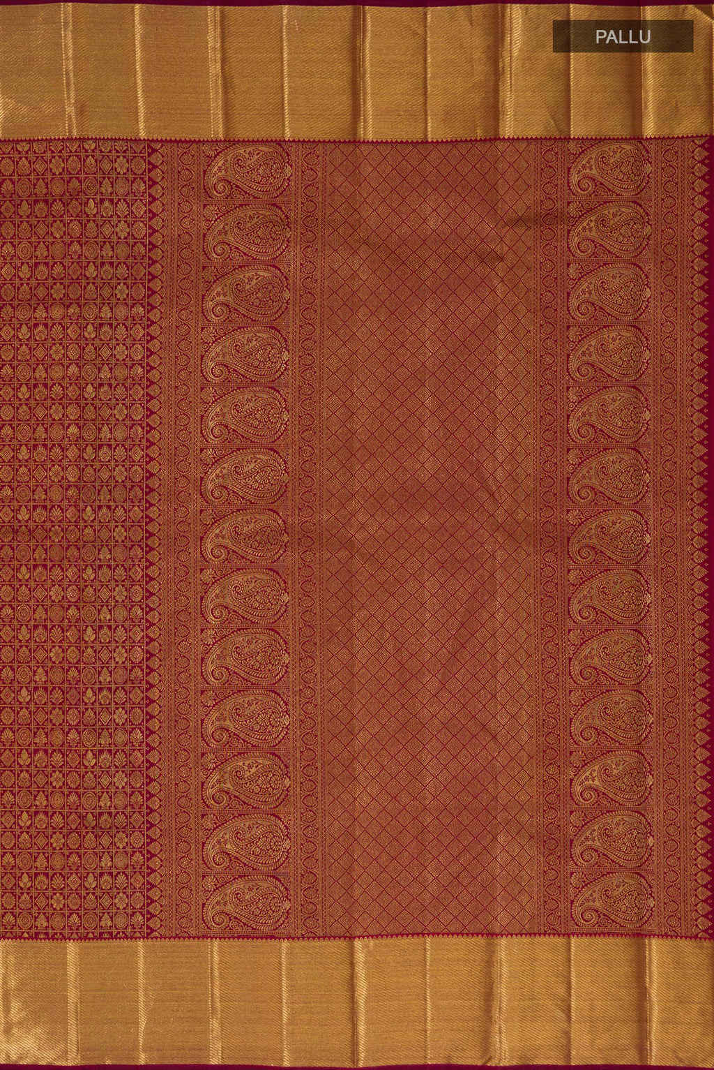 Close up image of the pallu of Maroon Kanchipuram Silk Saree with Zari Brocade on the body and Zari Border. 