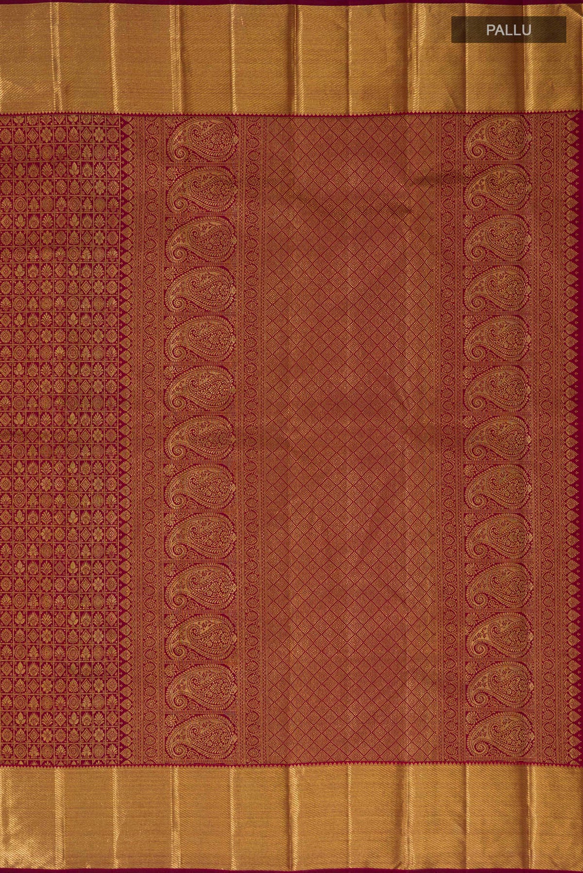 Close up image of the pallu of Maroon Kanchipuram Silk Saree with Zari Brocade on the body and Zari Border. 