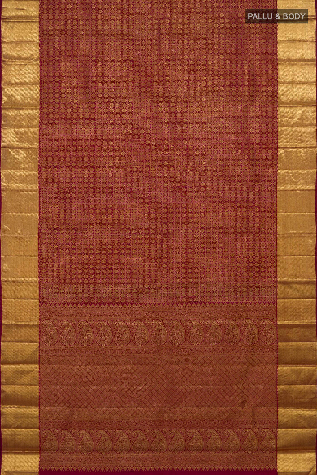 Flat view of Maroon Kanchipuram Silk Saree with Zari Brocade on the body and Zari Border. 