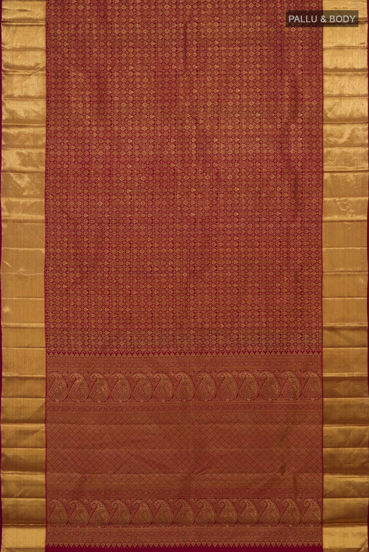 Flat view of Maroon Kanchipuram Silk Saree with Zari Brocade on the body and Zari Border. 