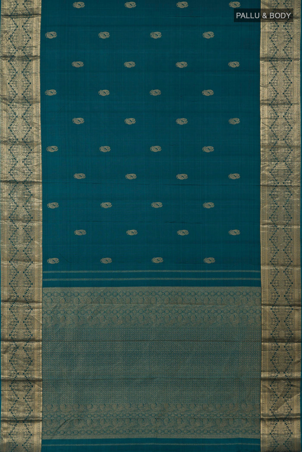 Flat view of Teal Kanchipuram Silk Saree with Zari Butta on the body and Zari Border. 