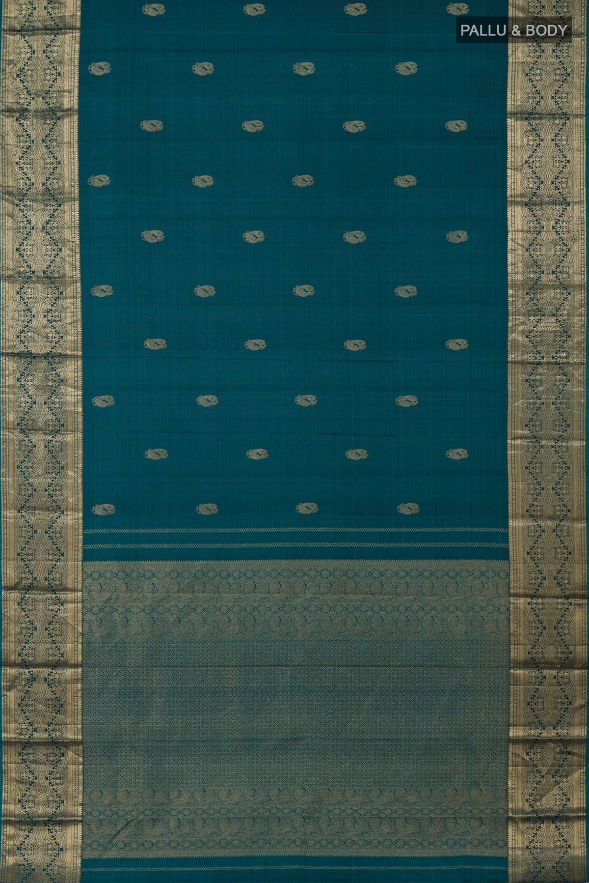 Flat view of Teal Kanchipuram Silk Saree with Zari Butta on the body and Zari Border. 