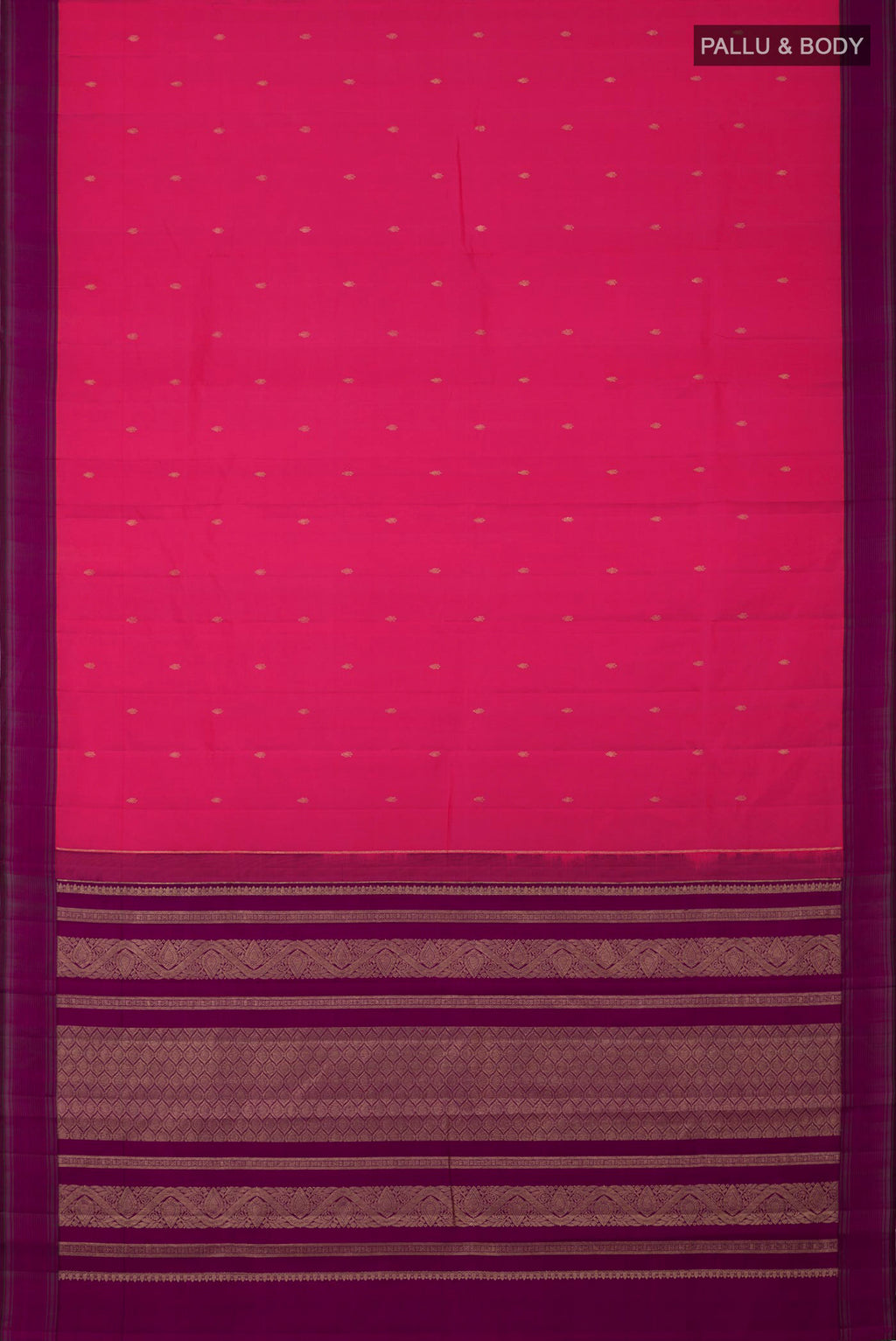 Flat view of Pink Kanchipuram Silk Saree with Zari Butta on the body and Plain Border. 