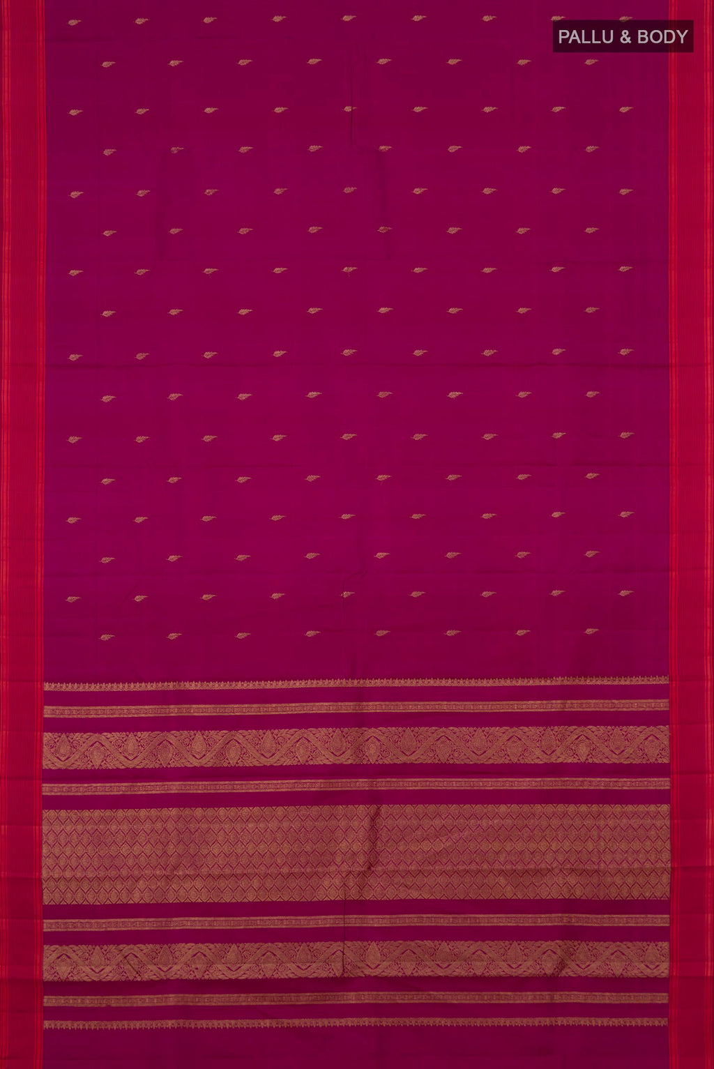 Flat view of Pure Silk Magenta Kanchipuram Saree with Zari Butta on the body and Plain Border. 