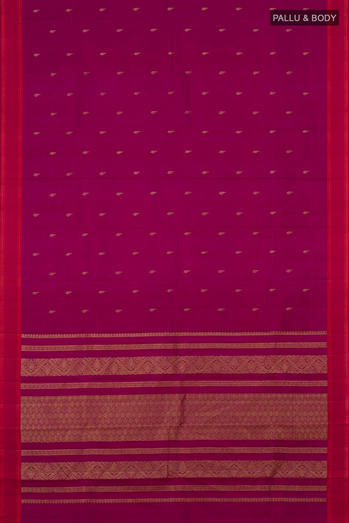Flat view of Pure Silk Magenta Kanchipuram Saree with Zari Butta on the body and Plain Border. 