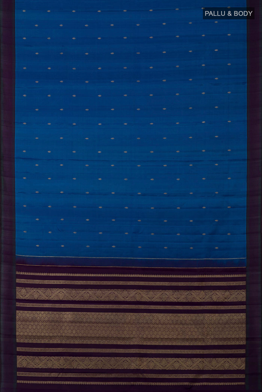 Flat view of Blue Kanchipuram Silk Saree with Zari Butta on the body and Plain Border. 