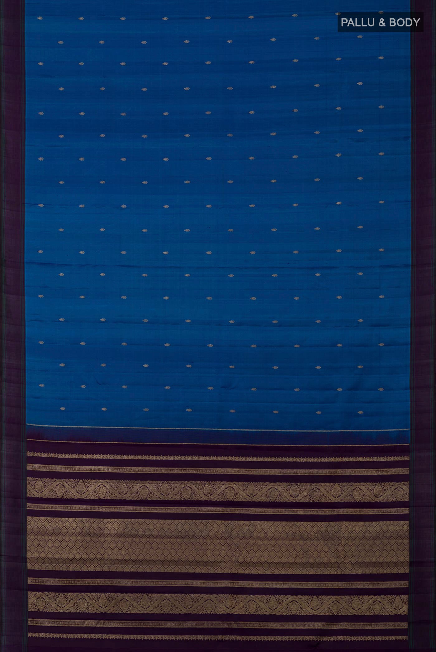 Flat view of Blue Kanchipuram Silk Saree with Zari Butta on the body and Plain Border. 