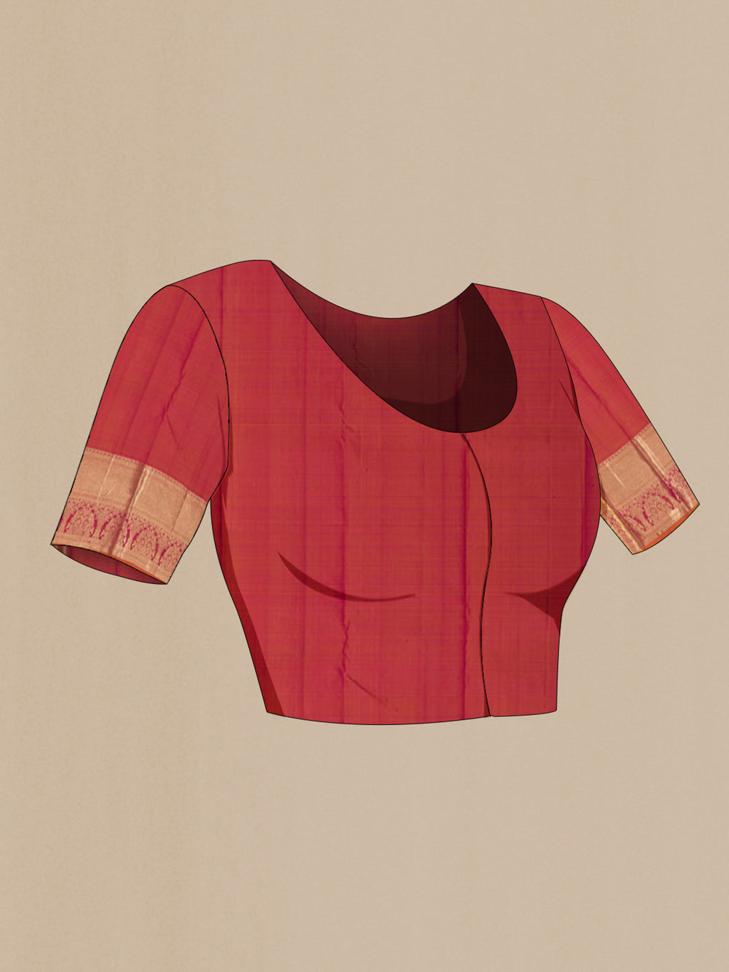 Close up image of the blouse of Orange Kanchipuram Silk Saree with Zari Butta on the body and Zari Border. 