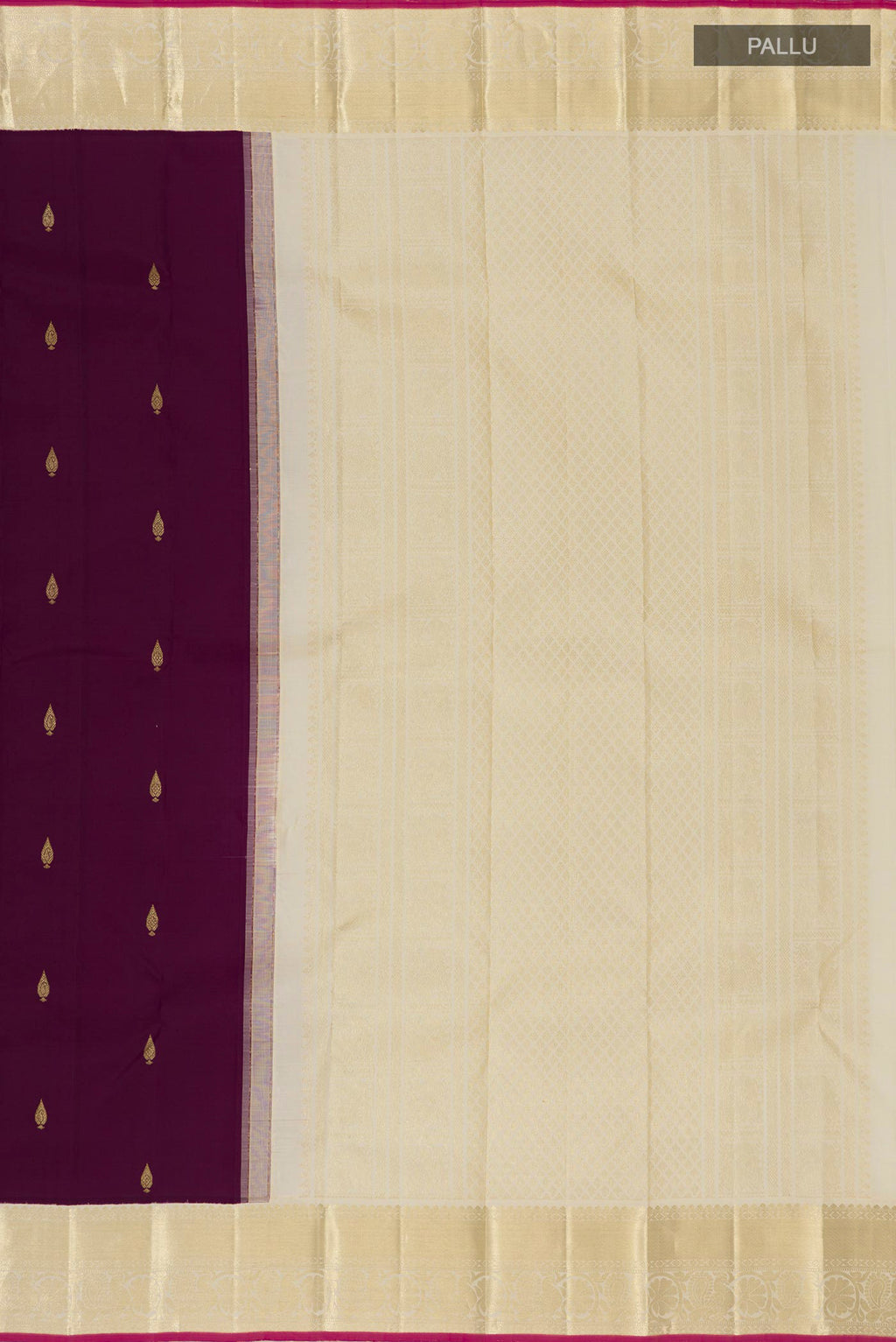 Close up image of the pallu of Purple Kanjivaram Silk Saree with Zari Butta on the body and Zari Border. 