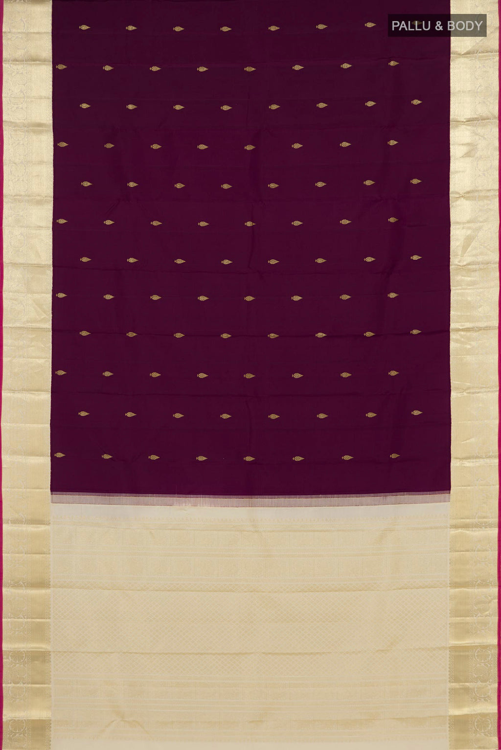 Flat view of Purple Kanjivaram Silk Saree with Zari Butta on the body and Zari Border. 