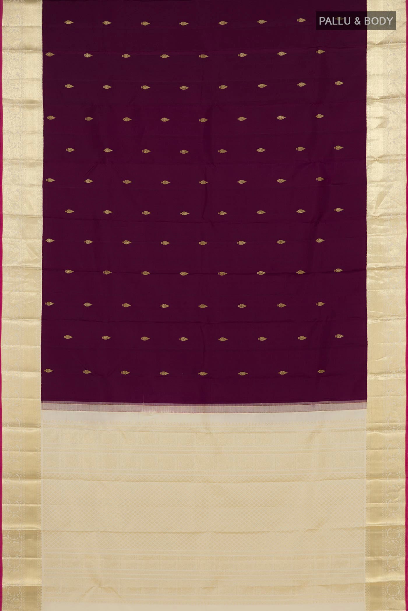 Flat view of Purple Kanjivaram Silk Saree with Zari Butta on the body and Zari Border. 