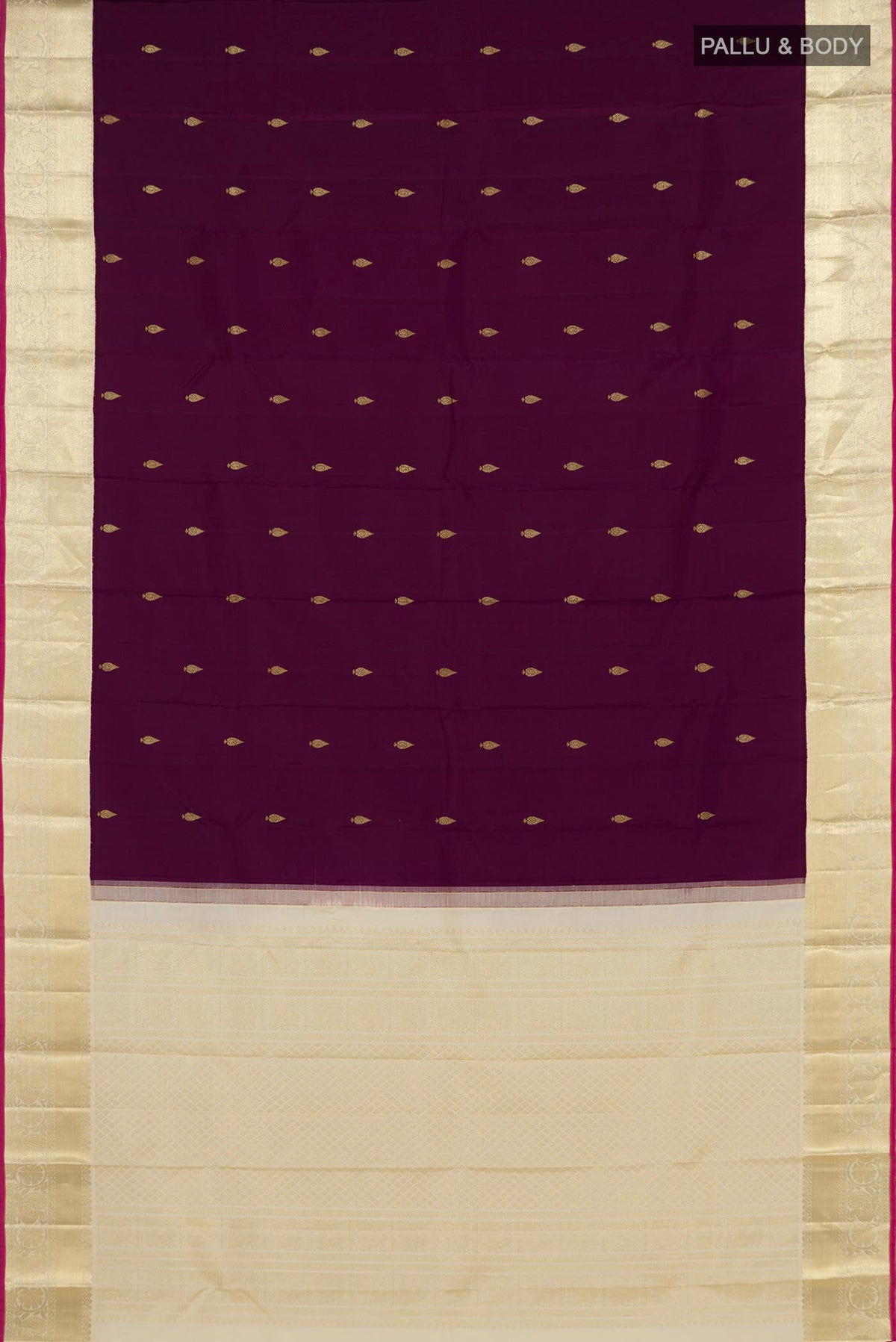 Flat view of Purple Kanjivaram Silk Saree with Zari Butta on the body and Zari Border. 