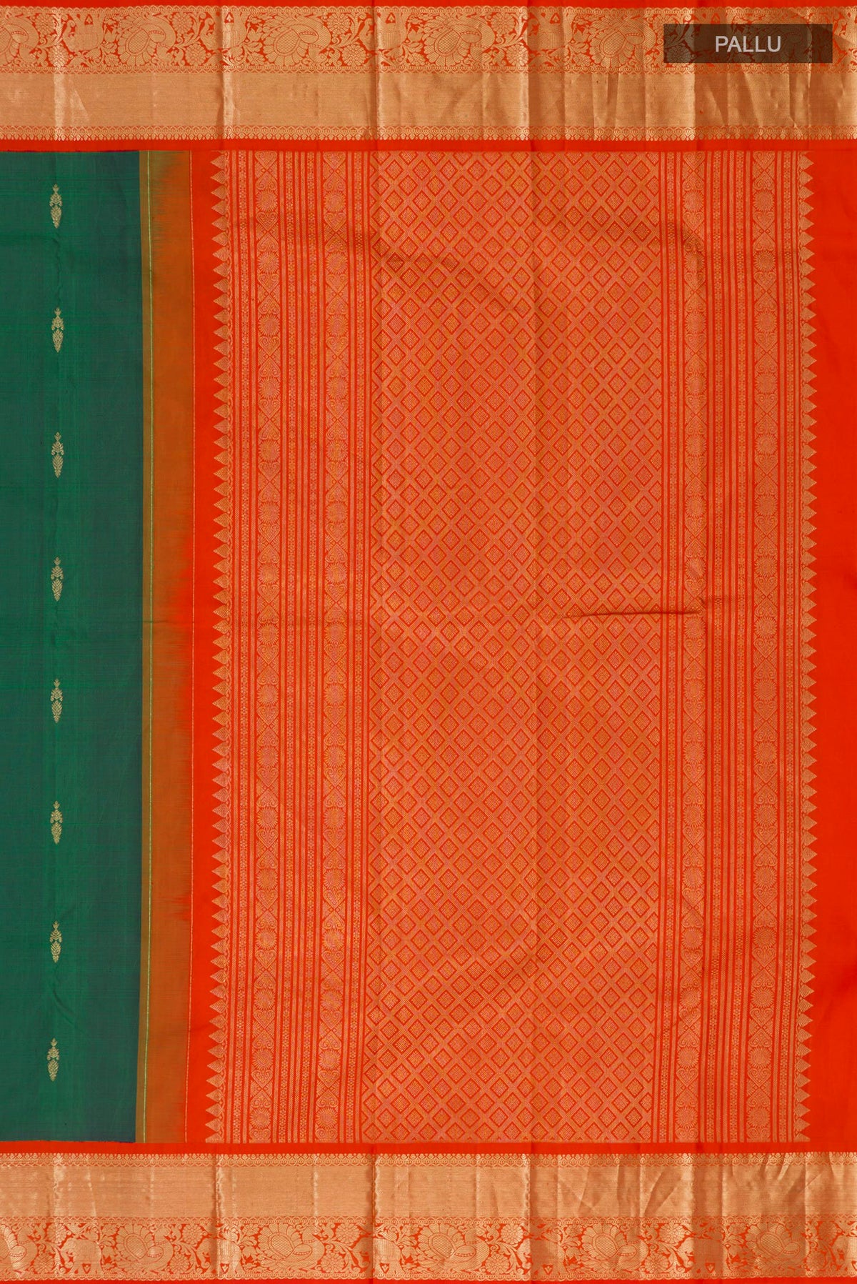 Close up image of the pallu of Peacock Blue Dual Tone Kanjivaram Silk Saree with Zari Butta on the body and Zari Border. 