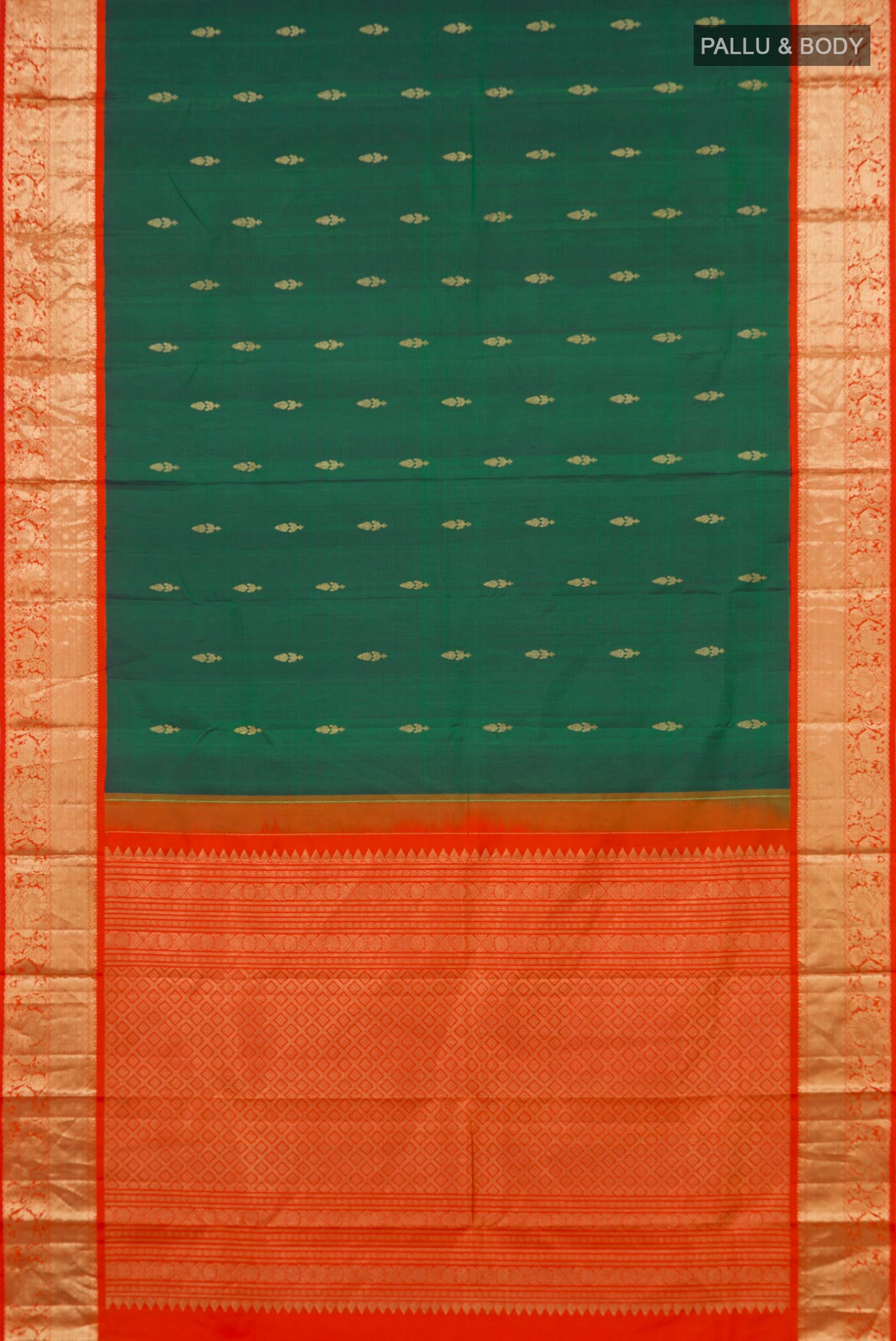 Flat view of Peacock Blue Dual Tone Kanjivaram Silk Saree with Zari Butta on the body and Zari Border. 