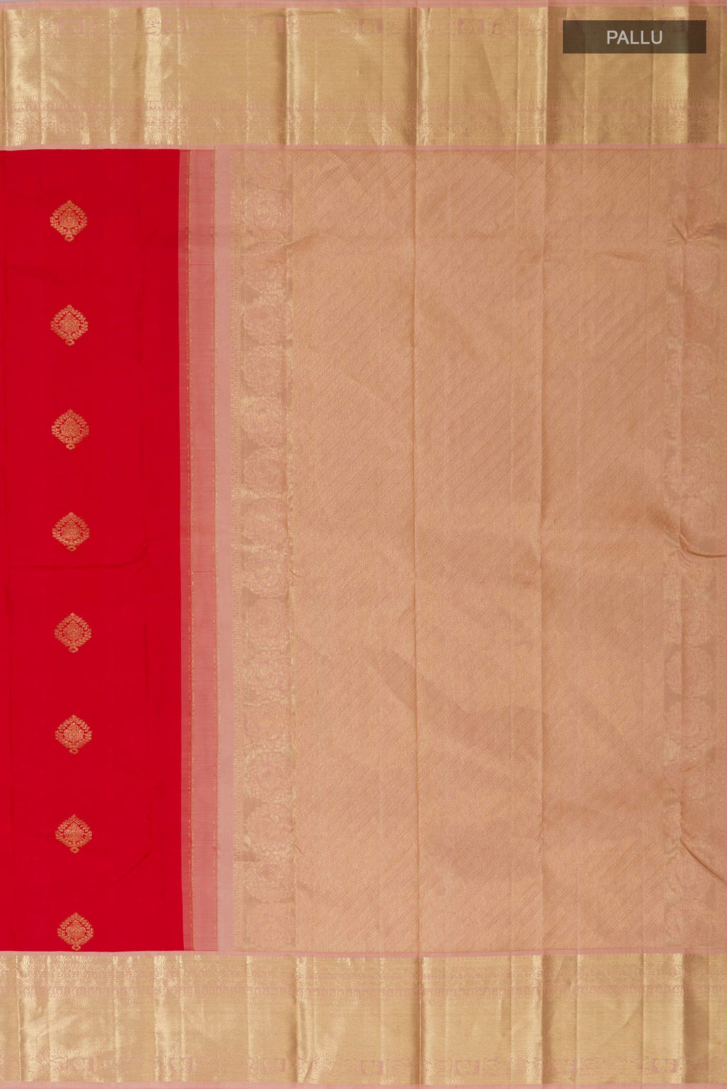 Close up image of the pallu of Red Kanjivaram Silk Saree with Zari Butta on the body and Zari Border. 