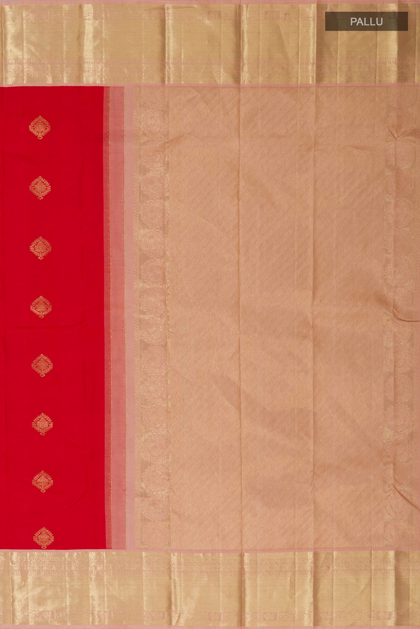 Close up image of the pallu of Red Kanjivaram Silk Saree with Zari Butta on the body and Zari Border. 