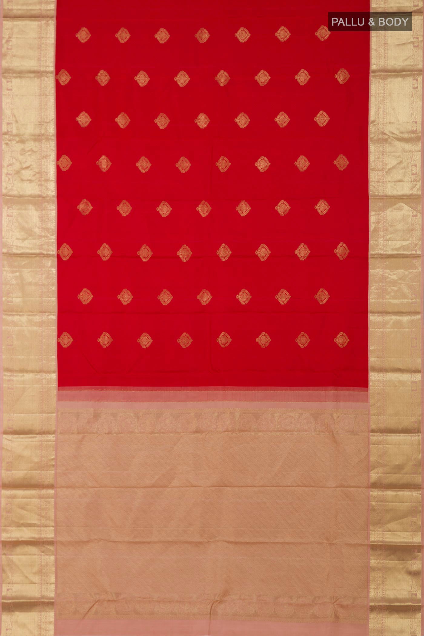 Flat view of Red Kanjivaram Silk Saree with Zari Butta on the body and Zari Border. 