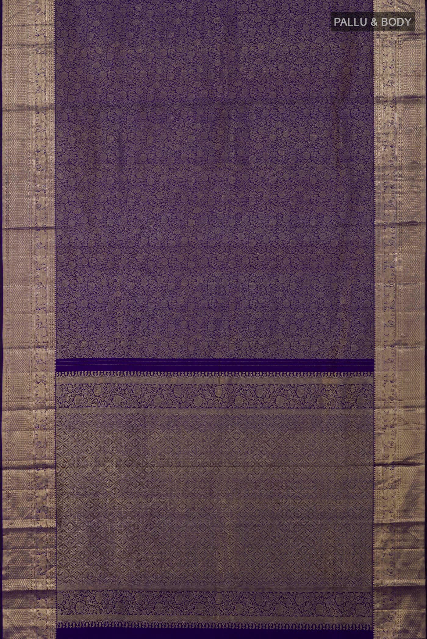 Flat view of Blue Kanjivaram Silk Saree with Zari Brocade on the body and Zari Border. 
