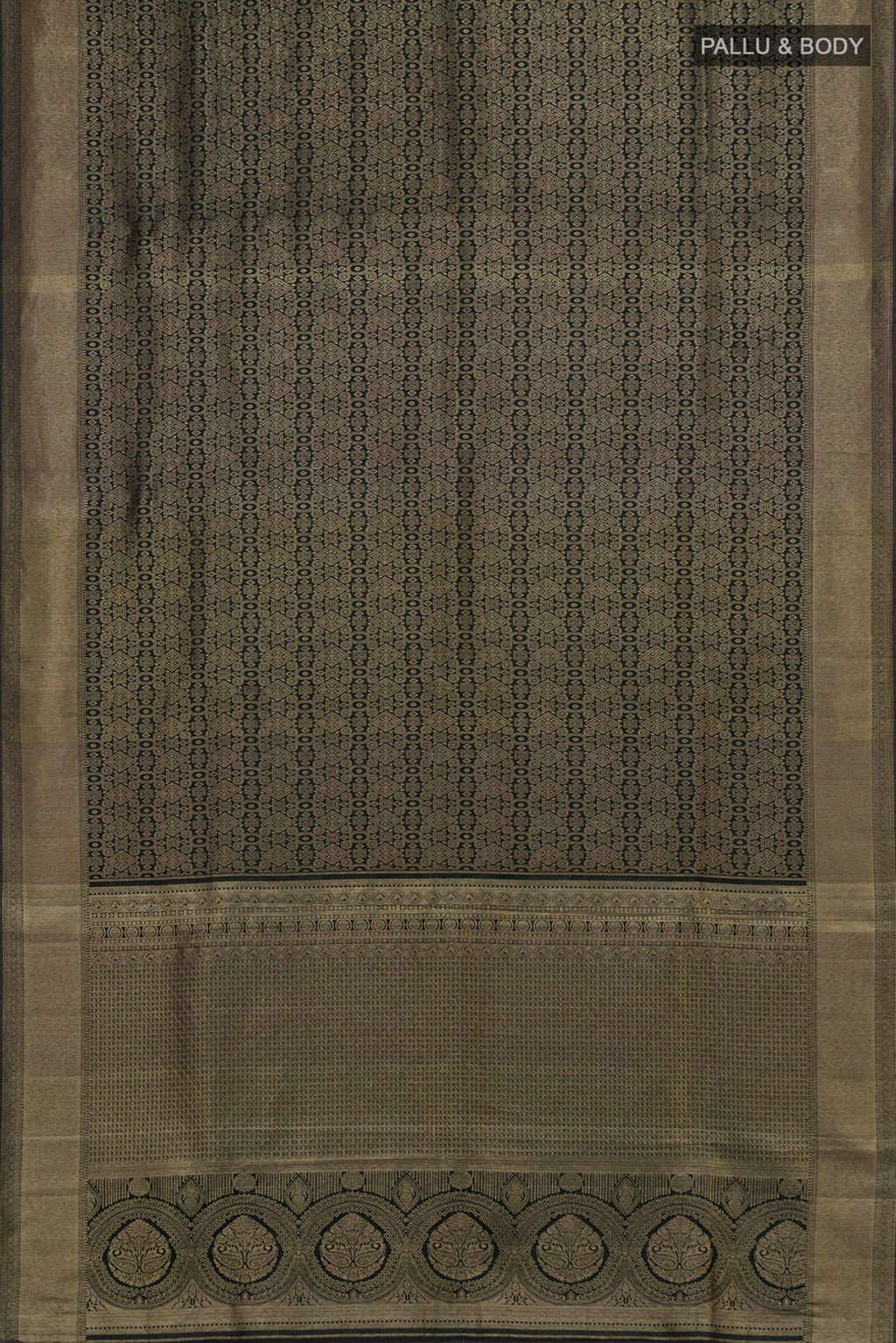 Flat view of Pure Silk Bottle Green Kanjivaram Saree with Zari Brocade on the body and Zari Border. 