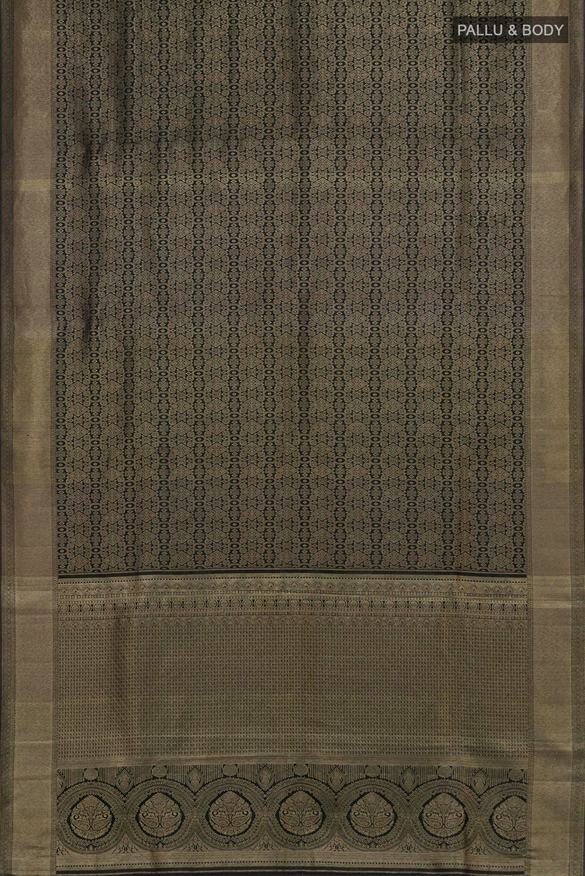 Flat view of Pure Silk Bottle Green Kanjivaram Saree with Zari Brocade on the body and Zari Border. 