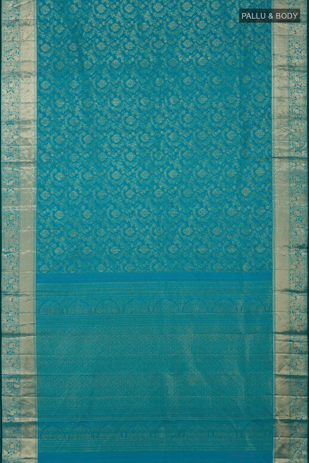Flat view of Blue Kanjivaram Silk Saree with Zari Brocade on the body and Zari Border. 