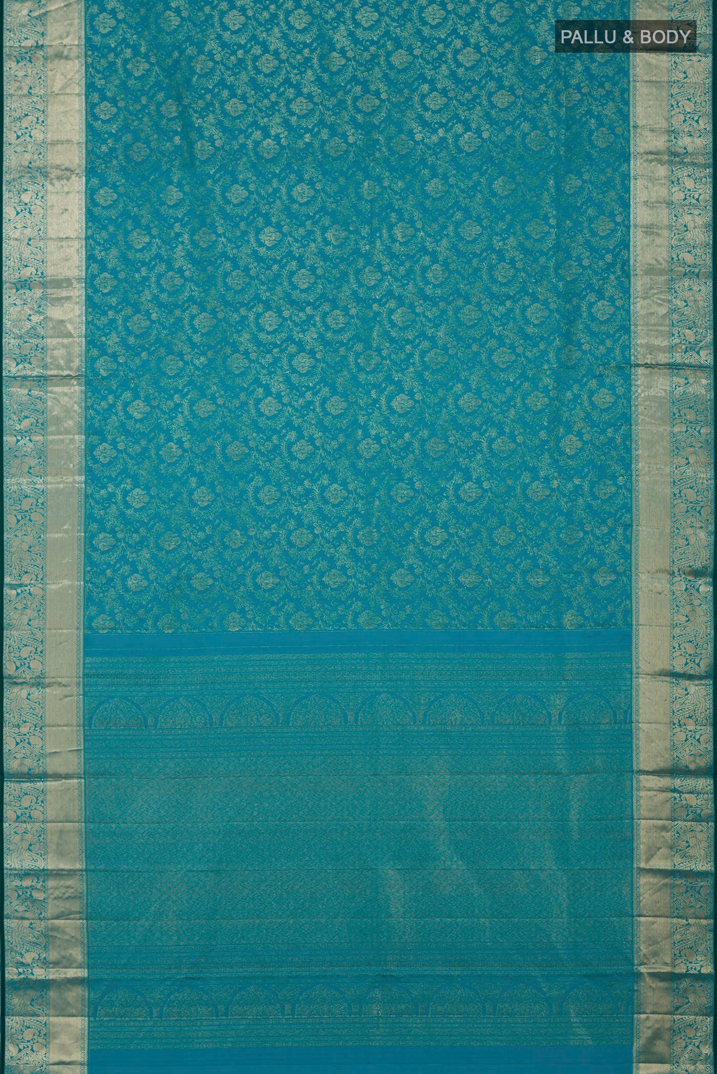 Flat view of Blue Kanjivaram Silk Saree with Zari Brocade on the body and Zari Border. 
