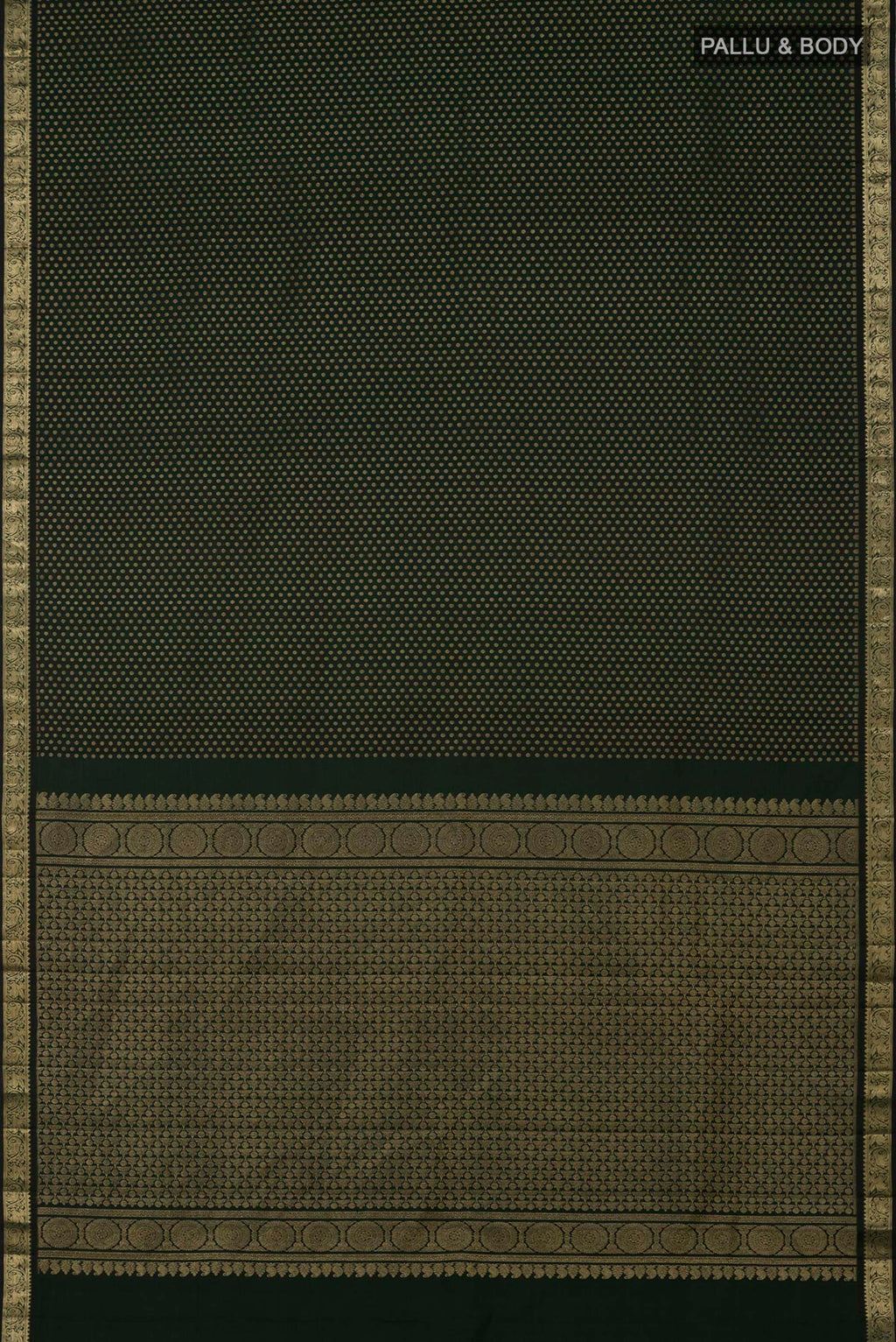 Flat view of Acid Green Kanjivaram Saree with Zari Butta on the body and Zari Border. 