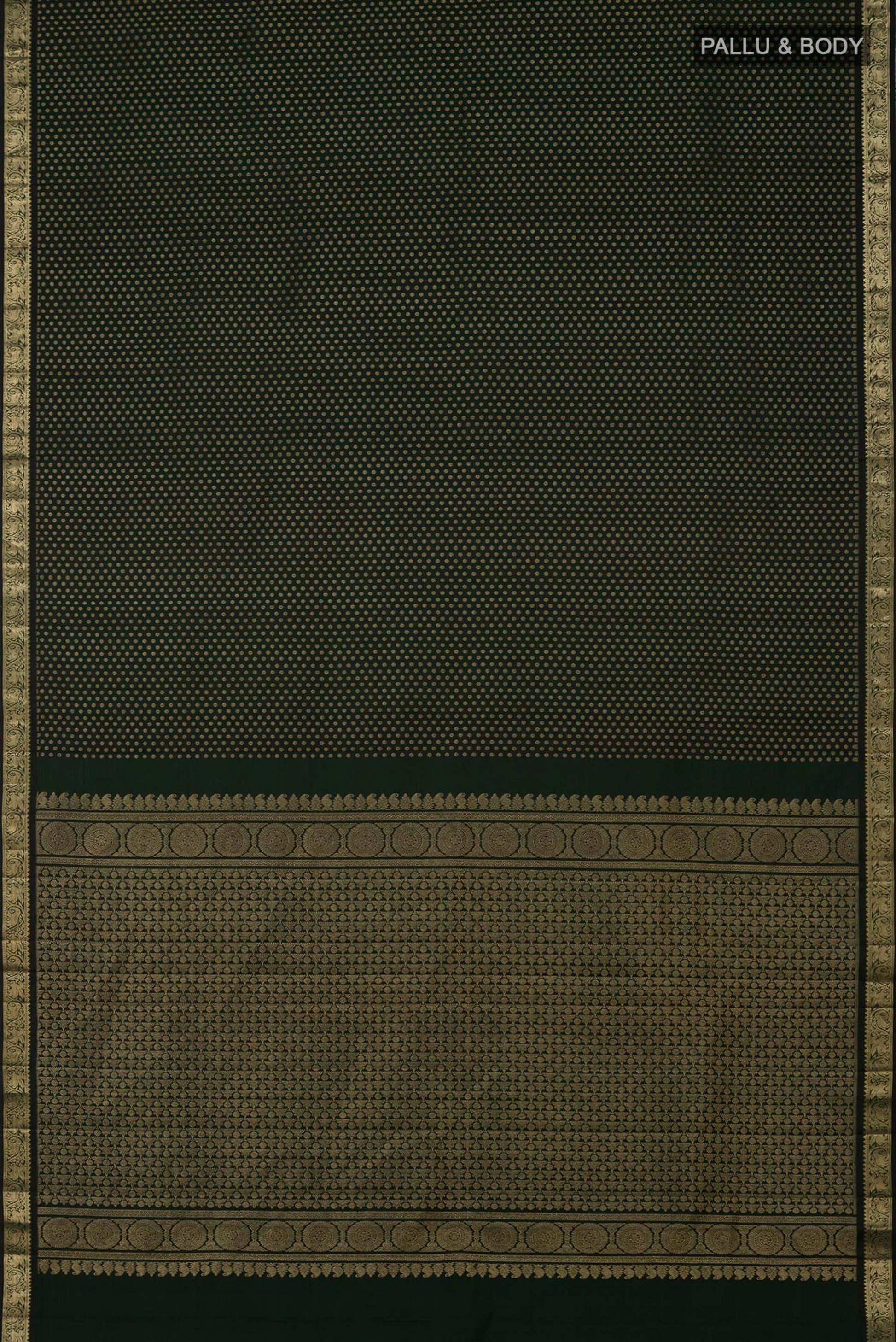 Flat view of Acid Green Kanjivaram Saree with Zari Butta on the body and Zari Border. 