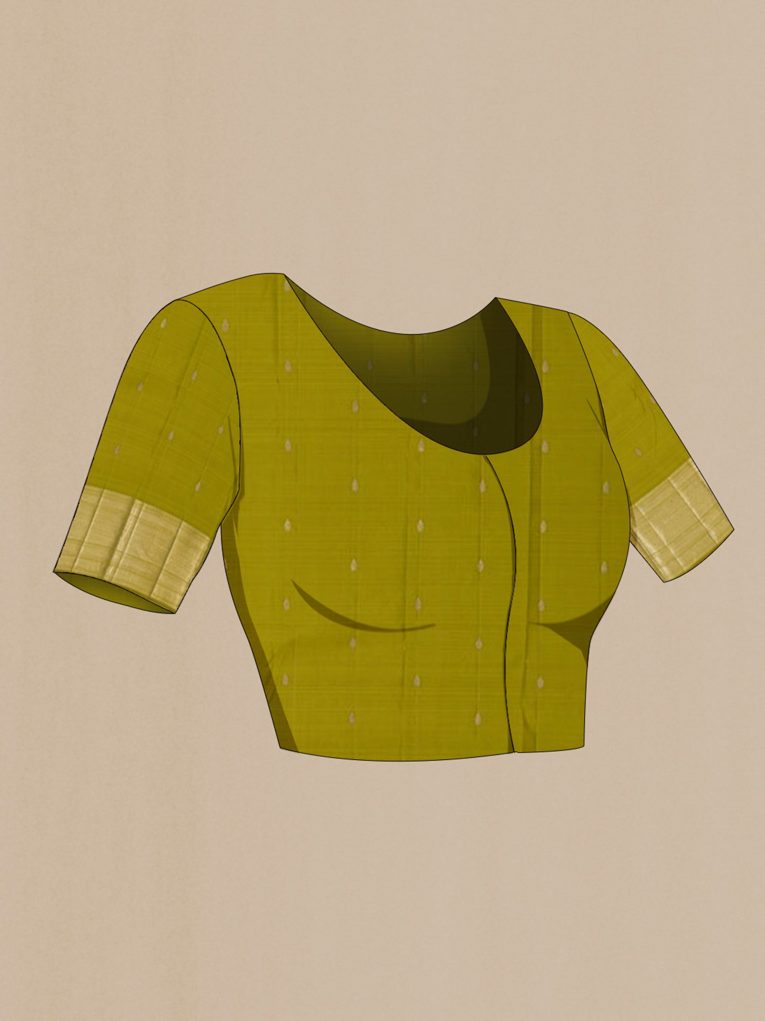 Close up image of the blouse of Green Kanchipuram Saree with Zari Brocade on the body and Zari Border. 