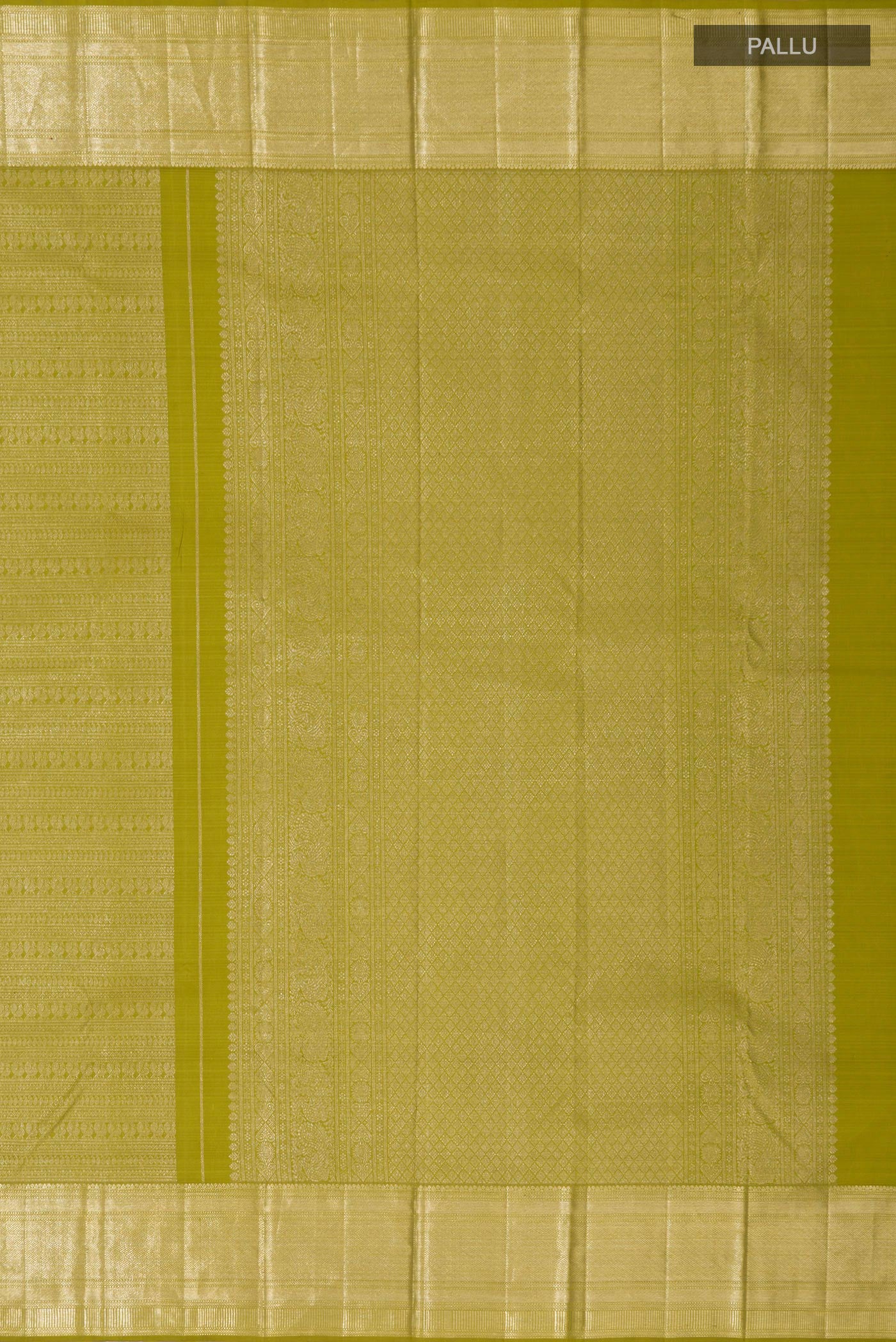 Close up image of the pallu of Green Kanchipuram Saree with Zari Brocade on the body and Zari Border. 