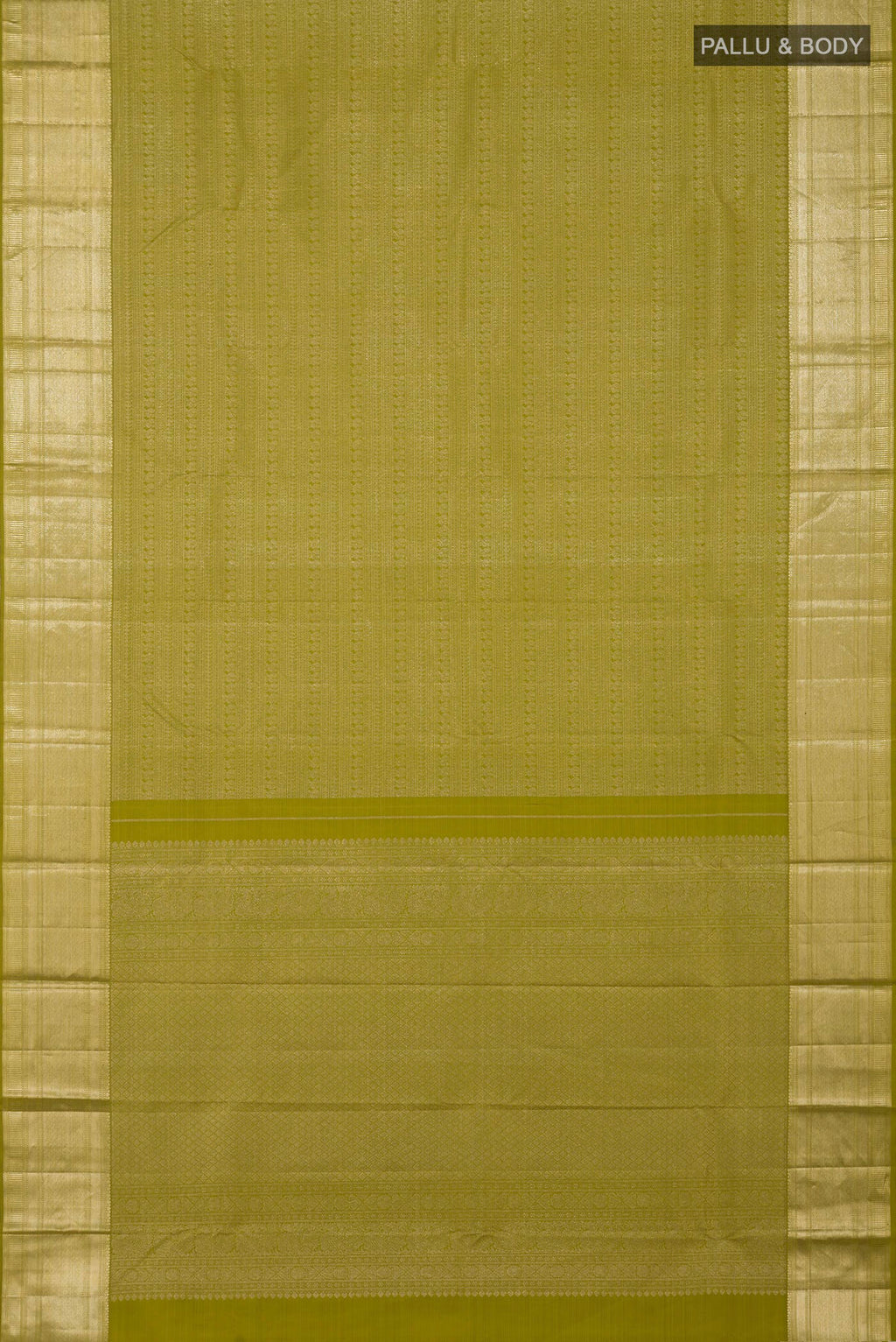 Flat view of Green Kanchipuram Saree with Zari Brocade on the body and Zari Border. 