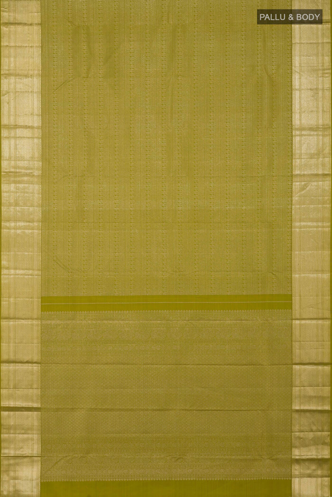 Flat view of Green Kanchipuram Saree with Zari Brocade on the body and Zari Border. 