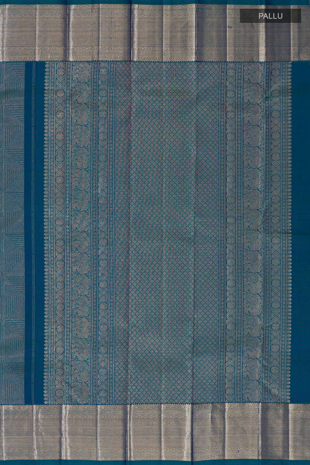 Close up image of the pallu of Blue Kanchipuram Silk Saree with Zari Brocade on the body and Zari Border. 