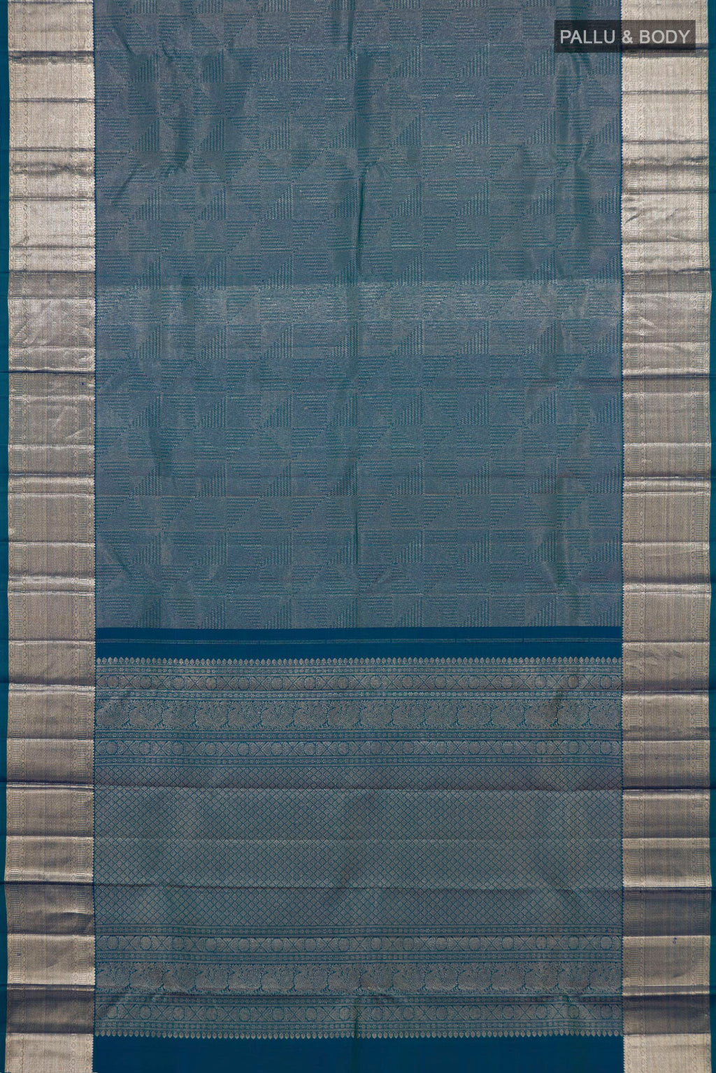 Flat view of Blue Kanchipuram Silk Saree with Zari Brocade on the body and Zari Border. 
