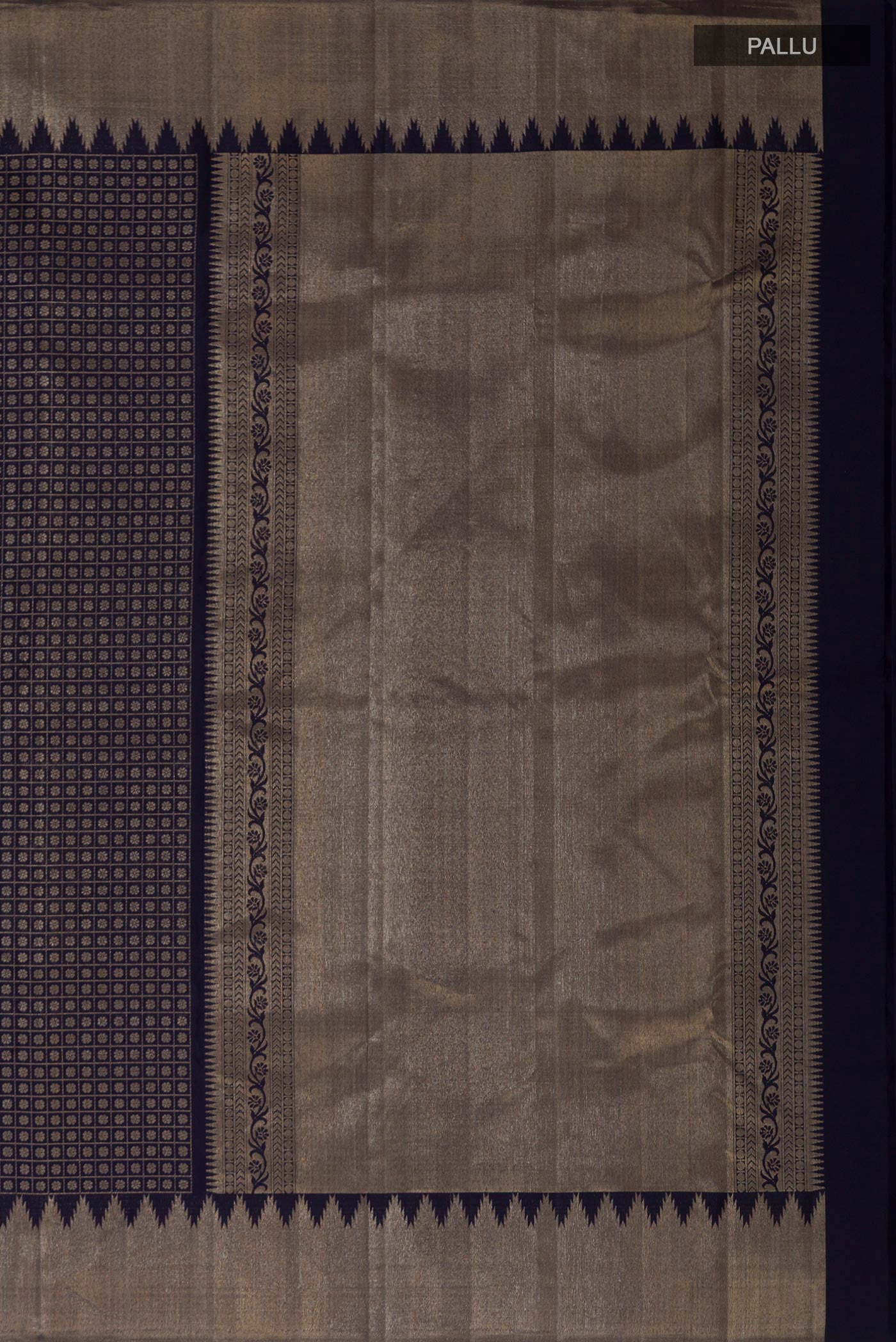 Close up image of the pallu of Blue Kanchipuram Silk Saree with Checked design on the body and Temple Border. 