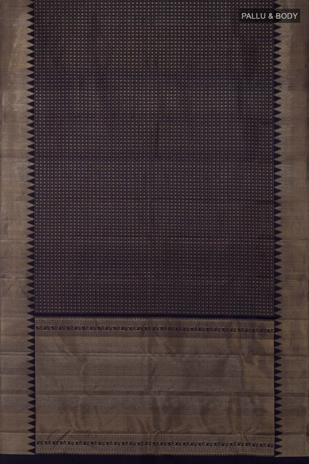 Flat view of Blue Kanchipuram Silk Saree with Checked design on the body and Temple Border. 