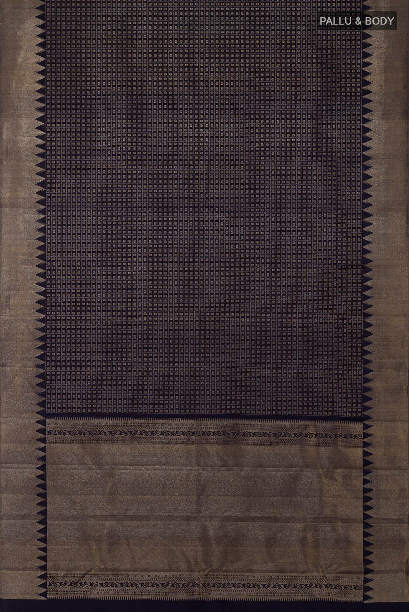 Flat view of Blue Kanchipuram Silk Saree with Checked design on the body and Temple Border. 