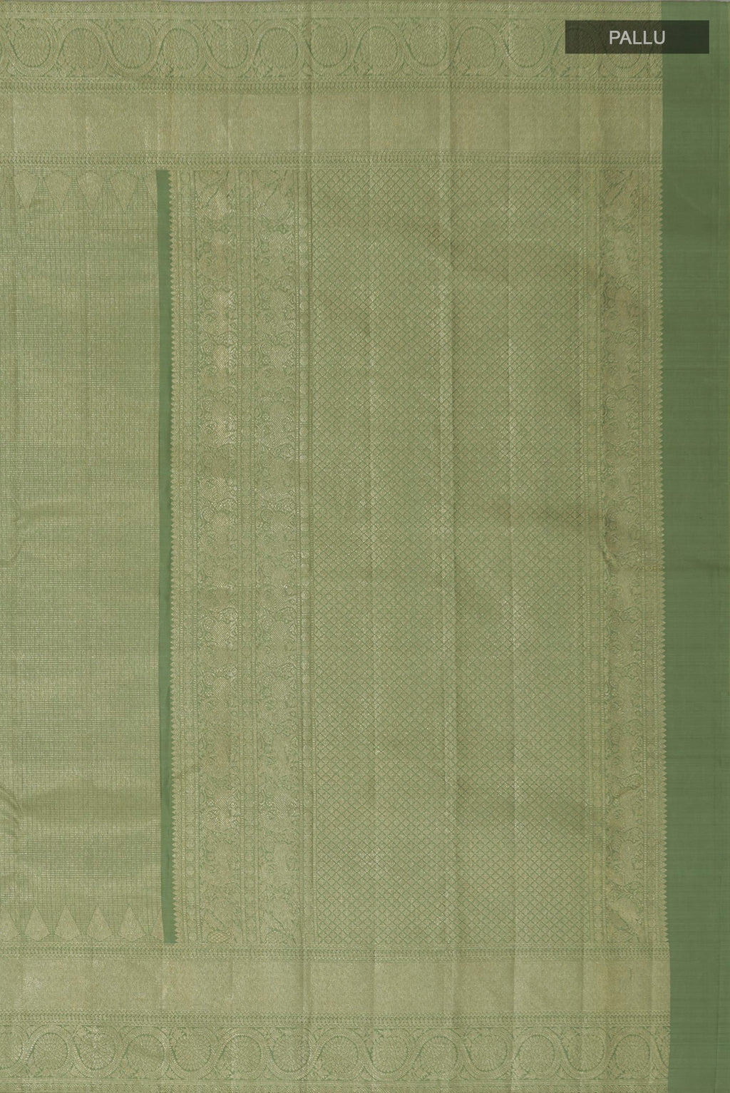 Close up image of the pallu of Pista Green Kanchipuram Silk Saree with Zari Brocade on the body and Zari Border. 