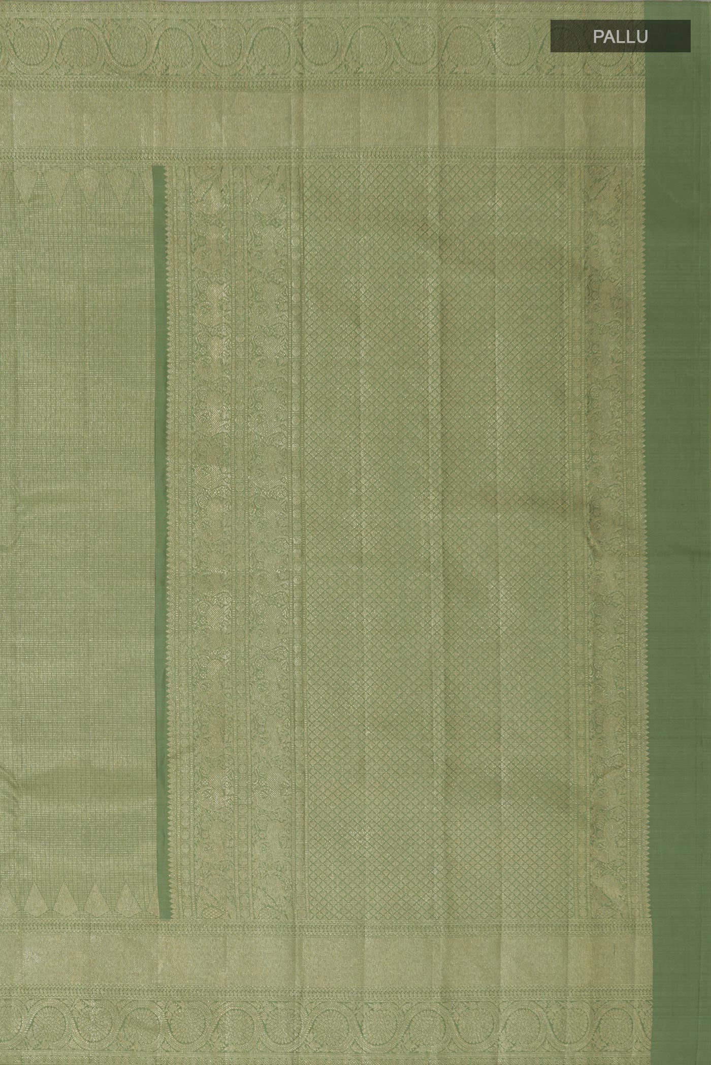 Close up image of the pallu of Pista Green Kanchipuram Silk Saree with Zari Brocade on the body and Zari Border. 