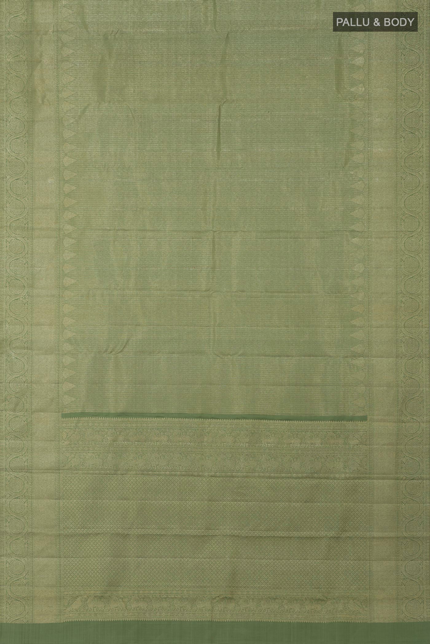Flat view of Pista Green Kanchipuram Silk Saree with Zari Brocade on the body and Zari Border. 