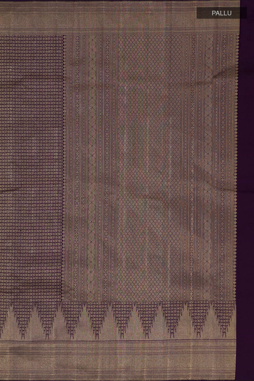 Close up image of the pallu of Navy Blue Kanchipuram Silk Saree with Zari Brocade on the body and Zari Border. 