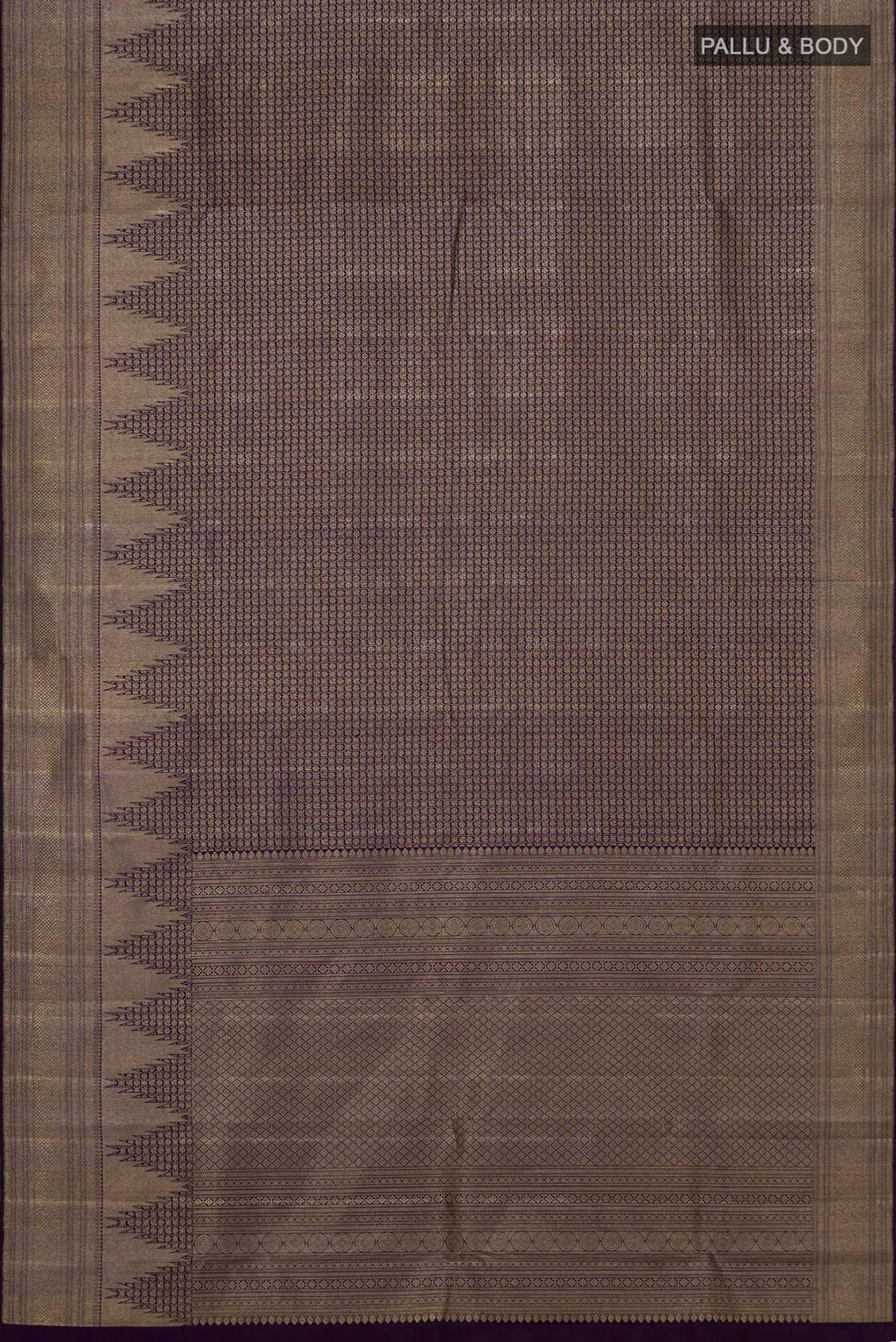 Flat view of Navy Blue Kanchipuram Silk Saree with Zari Brocade on the body and Zari Border. 