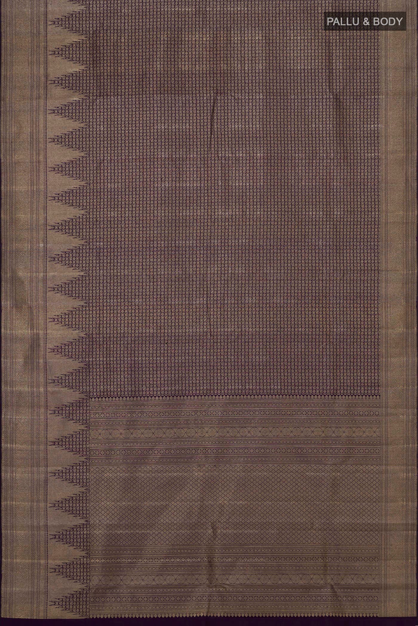 Flat view of Navy Blue Kanchipuram Silk Saree with Zari Brocade on the body and Zari Border. 