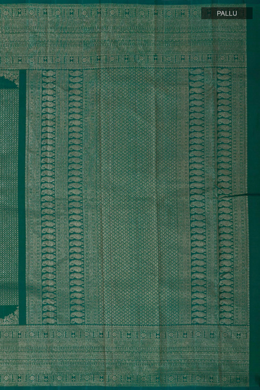 Close up image of the pallu of Green Kanchipuram Silk Saree with Zari Brocade on the body and Fancy Border. 