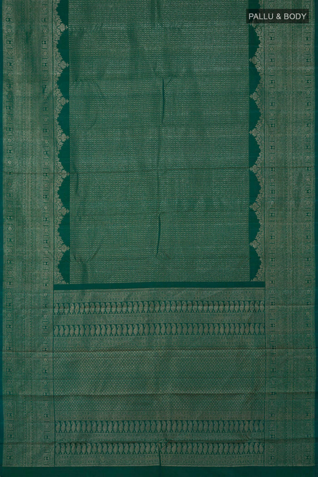 Flat view of Green Kanchipuram Silk Saree with Zari Brocade on the body and Fancy Border. 