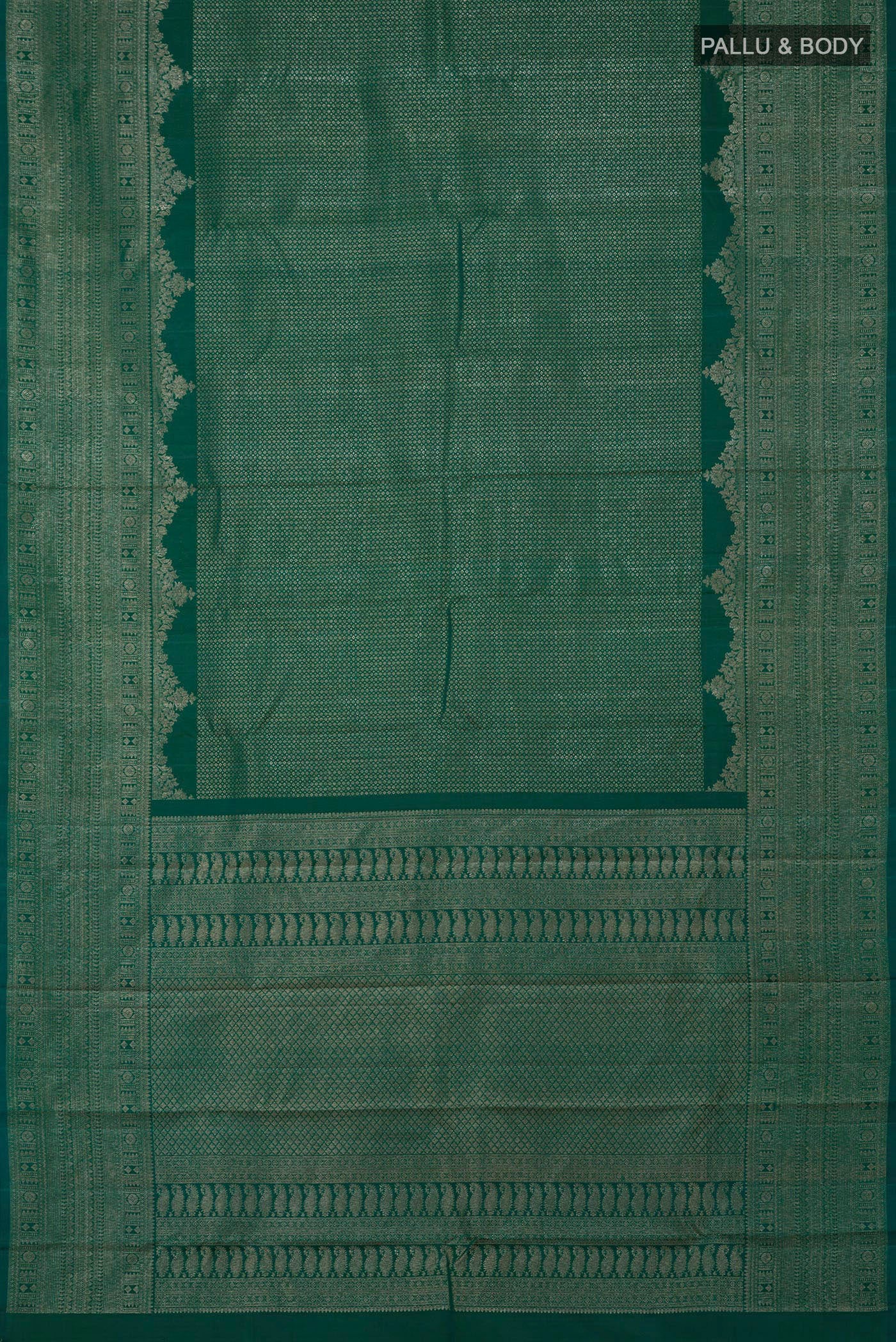 Flat view of Green Kanchipuram Silk Saree with Zari Brocade on the body and Fancy Border. 