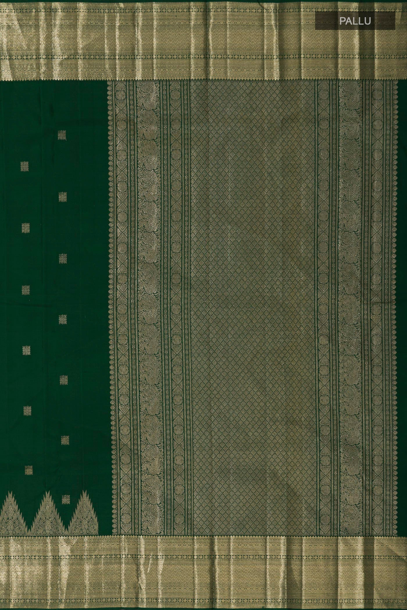 Close up image of the pallu of Bottle Green Kanjivaram Silk Saree with Zari Butta on the body and Temple Border. 